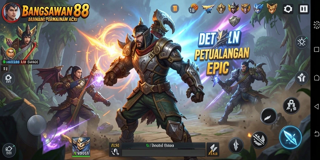Screen utama BANGSAWAN88 menampilkan aksi seru di medan perang.