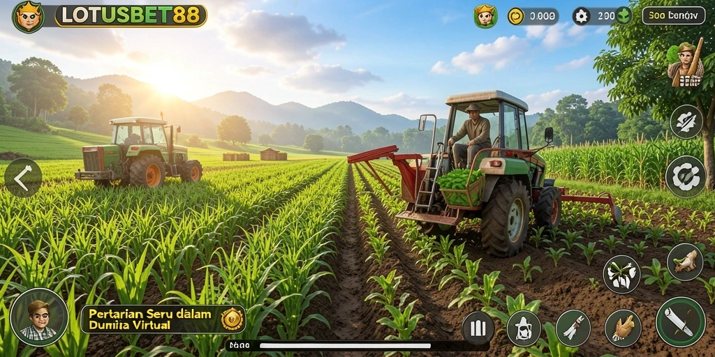 Tampilan gameplay LOTUSBET88 yang menampilkan suasana pertanian yang menarik.