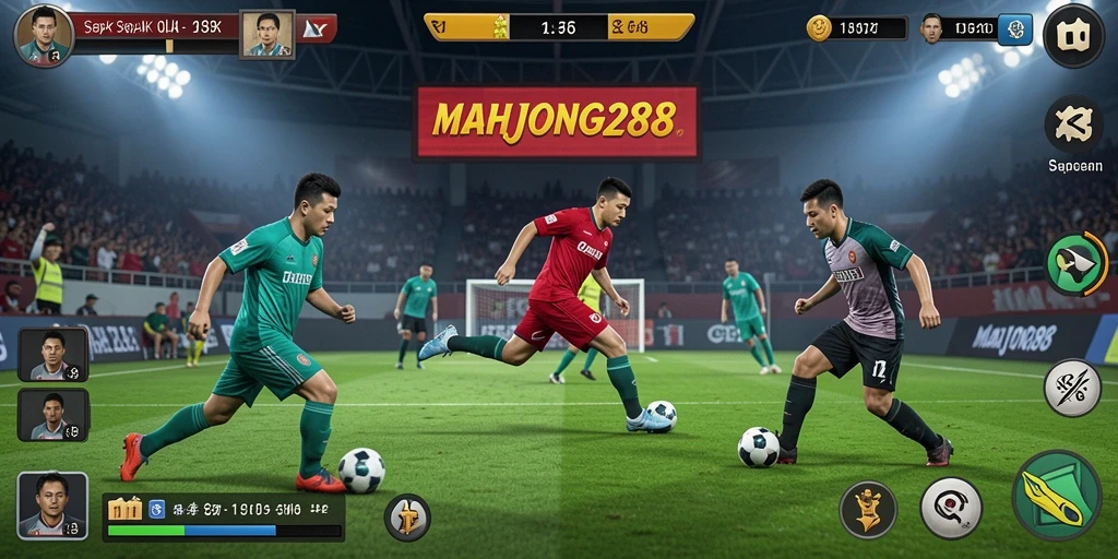 Screenshot gameplay MAHJONG288 menampilkan aksi seru di lapangan sepak bola.