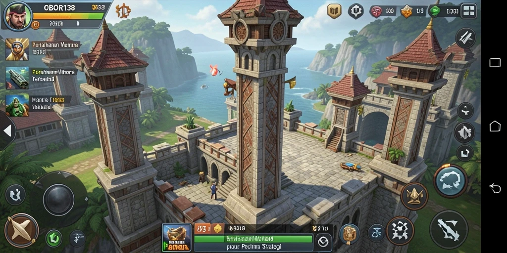 Tampilan gameplay OBOR138 menampilkan menara yang sedang diserang oleh gelombang musuh.