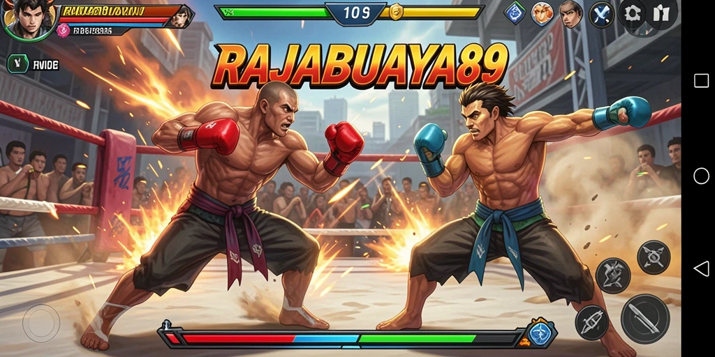 Screenshot gameplay RAJABUAYA89 menampilkan pertarungan karakter yang intens.