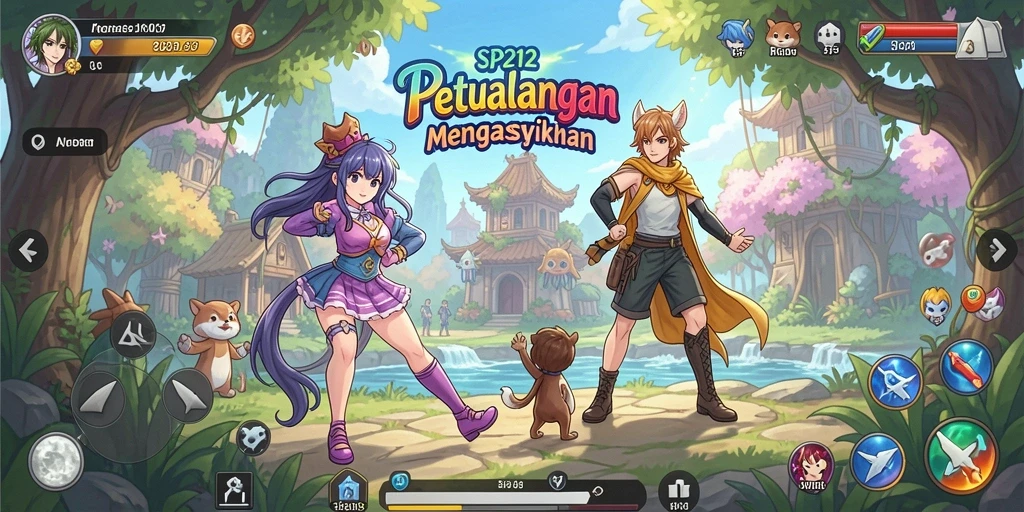 Tampilan gameplay SP212 yang penuh warna dan karakter anime.